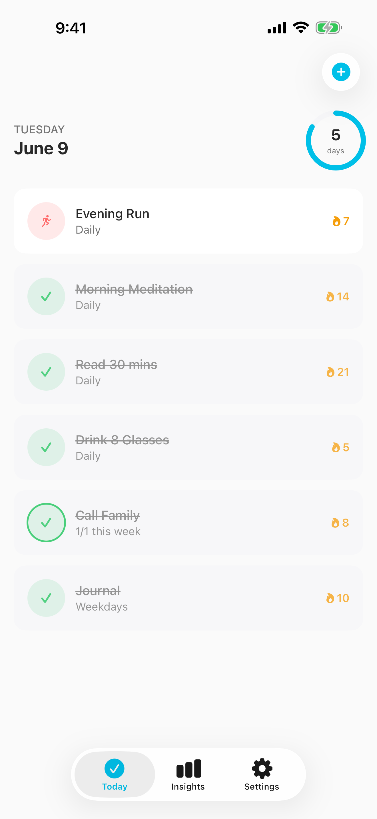 HabitFlo Today view — habit list with streak counters and progress ring