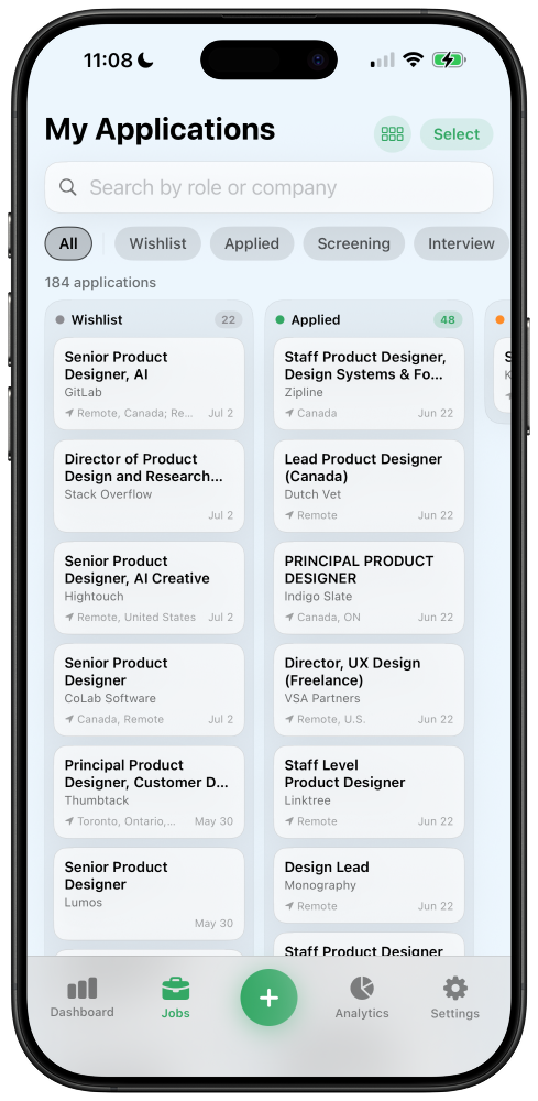 JobFlo iOS job tracking kanban interface showing pipeline stages and candidate cards